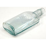Antique STRAP FLASK 4.75" Pocket WHISKEY BOTTLE Aqua "HONEST MEASURE 2 FLD. OZ."