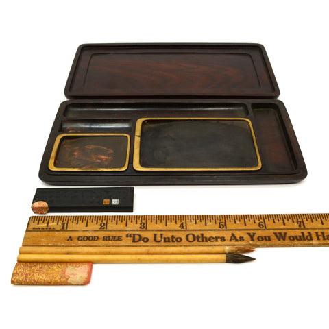 Vintage SUZURIBAKO JAPANESE WRITING BOX Original Contents GOLD on LACQUERED WOOD