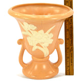 Antique WELLER POTTERY CAMEO URN/VASE 7" Double Handled SALMON w/ WHITE FLOWERS