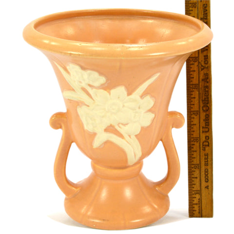 Antique WELLER POTTERY CAMEO URN/VASE 7" Double Handled SALMON w/ WHITE FLOWERS