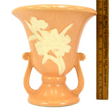 Antique WELLER POTTERY CAMEO URN/VASE 7" Double Handled SALMON w/ WHITE FLOWERS