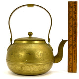 Antique HEAVY BRASS TEAPOT 5.5" Hand-Engraved YIN & YANG Flower-WHALE-Bird-HORSE