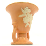 Antique WELLER POTTERY CAMEO URN/VASE 7" Double Handled SALMON w/ WHITE FLOWERS