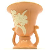 Antique WELLER POTTERY CAMEO URN/VASE 7" Double Handled SALMON w/ WHITE FLOWERS