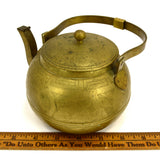 Antique HEAVY BRASS TEAPOT 5.5" Hand-Engraved YIN & YANG Flower-WHALE-Bird-HORSE