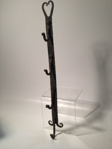 Wrought Iron Coat Rack Primitive Blacksmith Hand Made Wall Hanger - Antique!