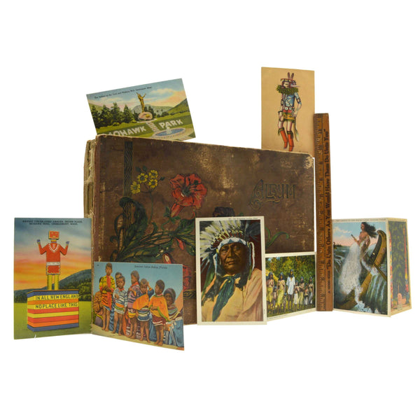 Antique POST CARD ALBUM 21-Pages of 126 Cards AMERICAN INDIAN EPHEMERA SCRAPBOOK