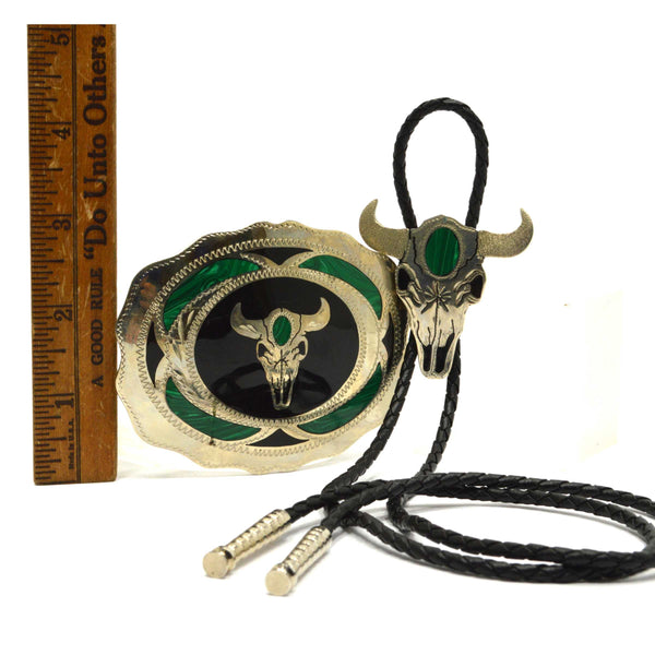 Vintage "JOHNSON & HELD" BELT BUCKLE & BOLO TIE Rare Bull Set JADE GREEN INSERTS