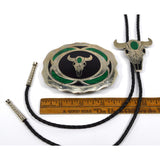 Vintage "JOHNSON & HELD" BELT BUCKLE & BOLO TIE Rare Bull Set JADE GREEN INSERTS