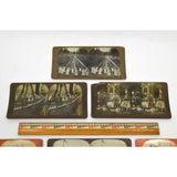Antique STEREOSCOPE CARD Lot of 8 MIXED STEREOVIEWS Moose Hunt GOLD RUSH Maypole